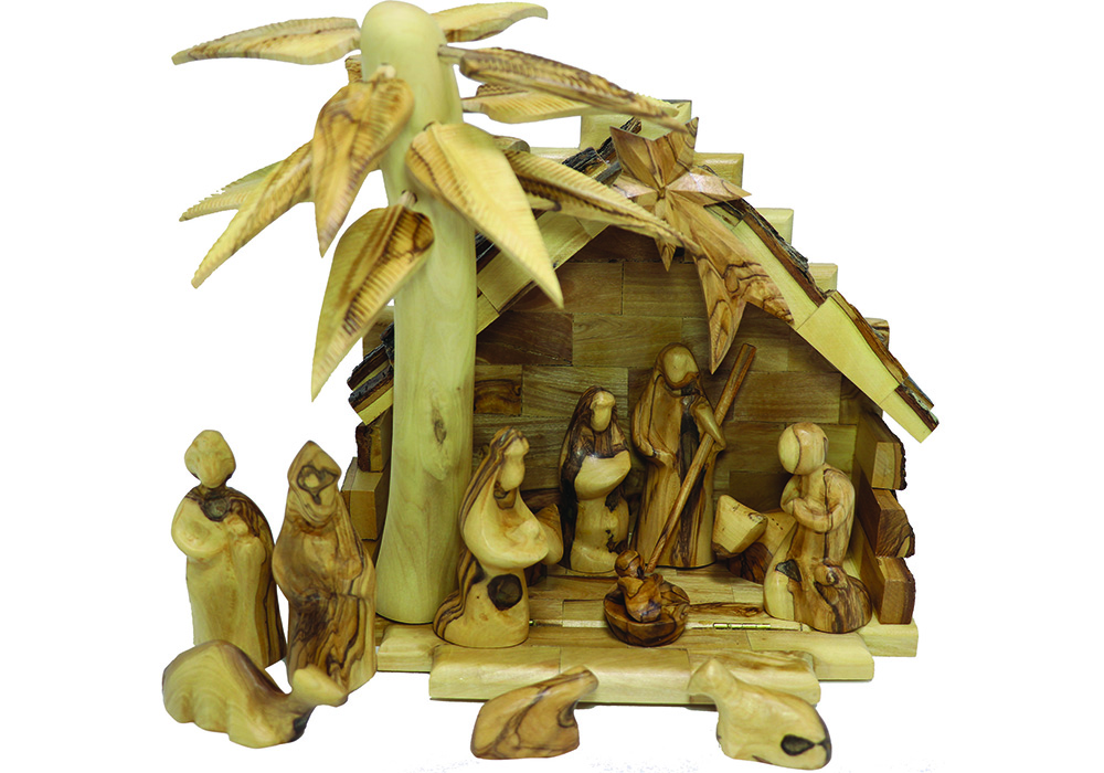 CR06B-NS07 – Small Stable with 3D Palm Tree and Modern Nativity Figures